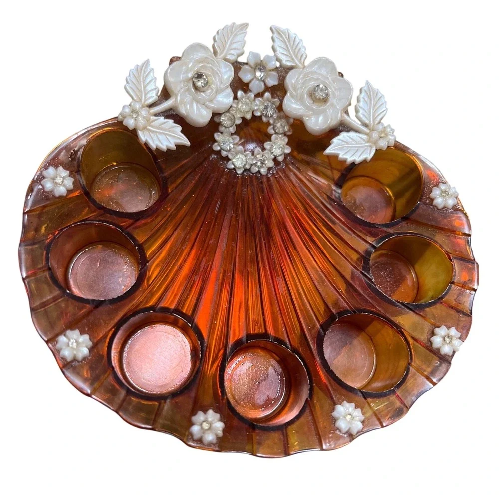 Vintage Amber Lucite Shell Lipstick Holder Floral Rhinestone Vanity Organizer